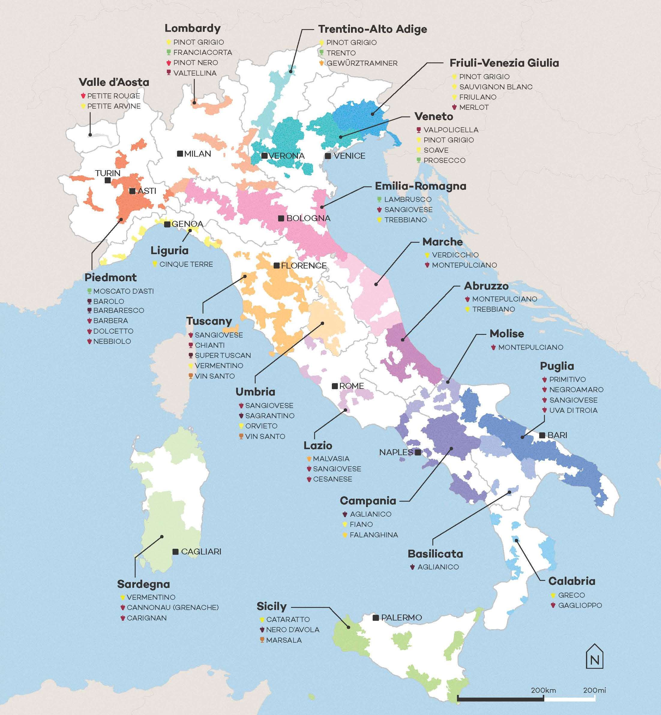 Bản đồ các vùng rượu vang Ý